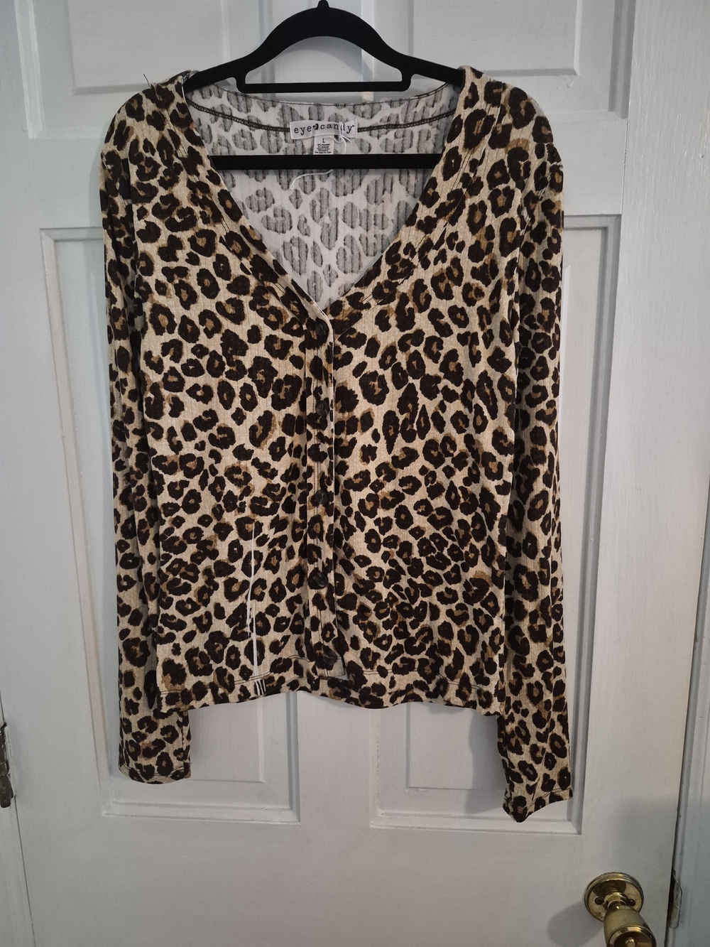 Y2K Eye Candy Leopard V-Neck Cardigan Sweater Bratz Grunge Black 90s Large
